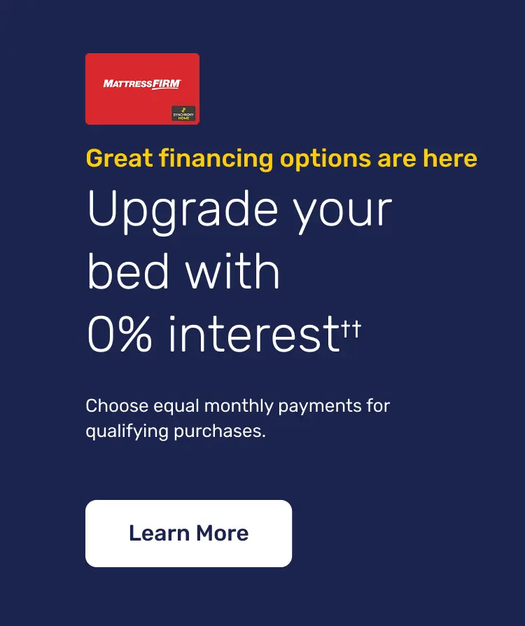 Mattress Firm financing promotion banner showing 0% interest options, equal monthly payments for qualifying purchases, and a Learn More call‑to‑action.