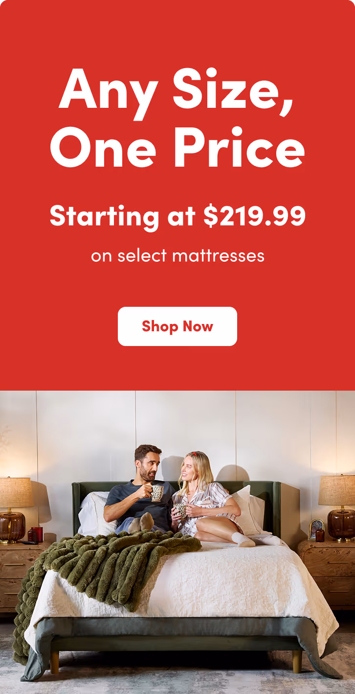 Promotional banner showing two people sitting on a bed beneath text advertising any size mattress starting at $219.99 on select mattresses with a Shop Now button.