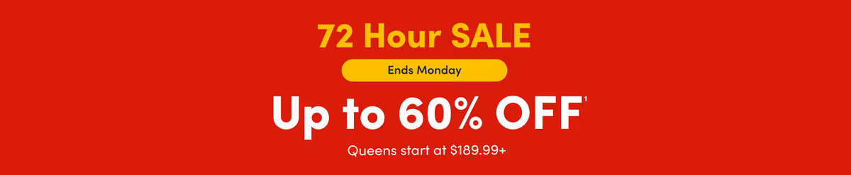 Red banner advertising a 72‑Hour Sale ending Monday with up to 60% off mattresses and queen sizes starting at $189.99.