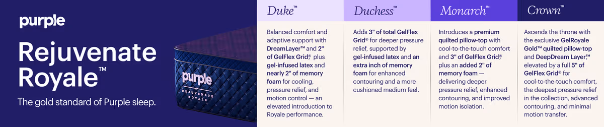 Purple Rejuvenate Royale luxury mattress collection delivering advanced pressure relief and elevated sleep comfort