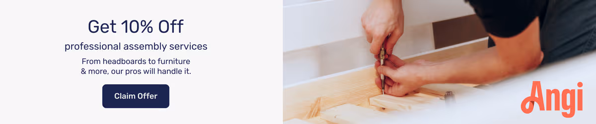 Angi professional furniture assembly services 10% off coupon for bed frames and home furniture.