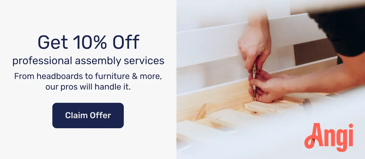 Angi professional furniture assembly services 10% off coupon for bed frames and home furniture.