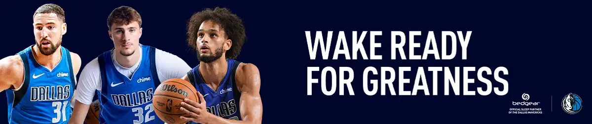 Bedgear official sleep partner banner featuring Dallas Maverick stars for "Wake Ready for Greatness."